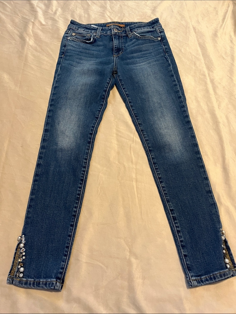 Joe's Jeans Women's mid rise Skinny Jeans in Dark Blue with Embellished Hem